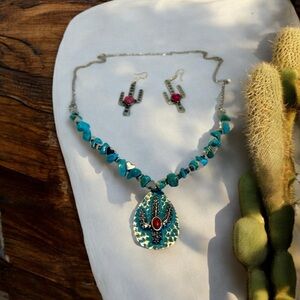 Turquoise and Silver Cactus Necklace Set